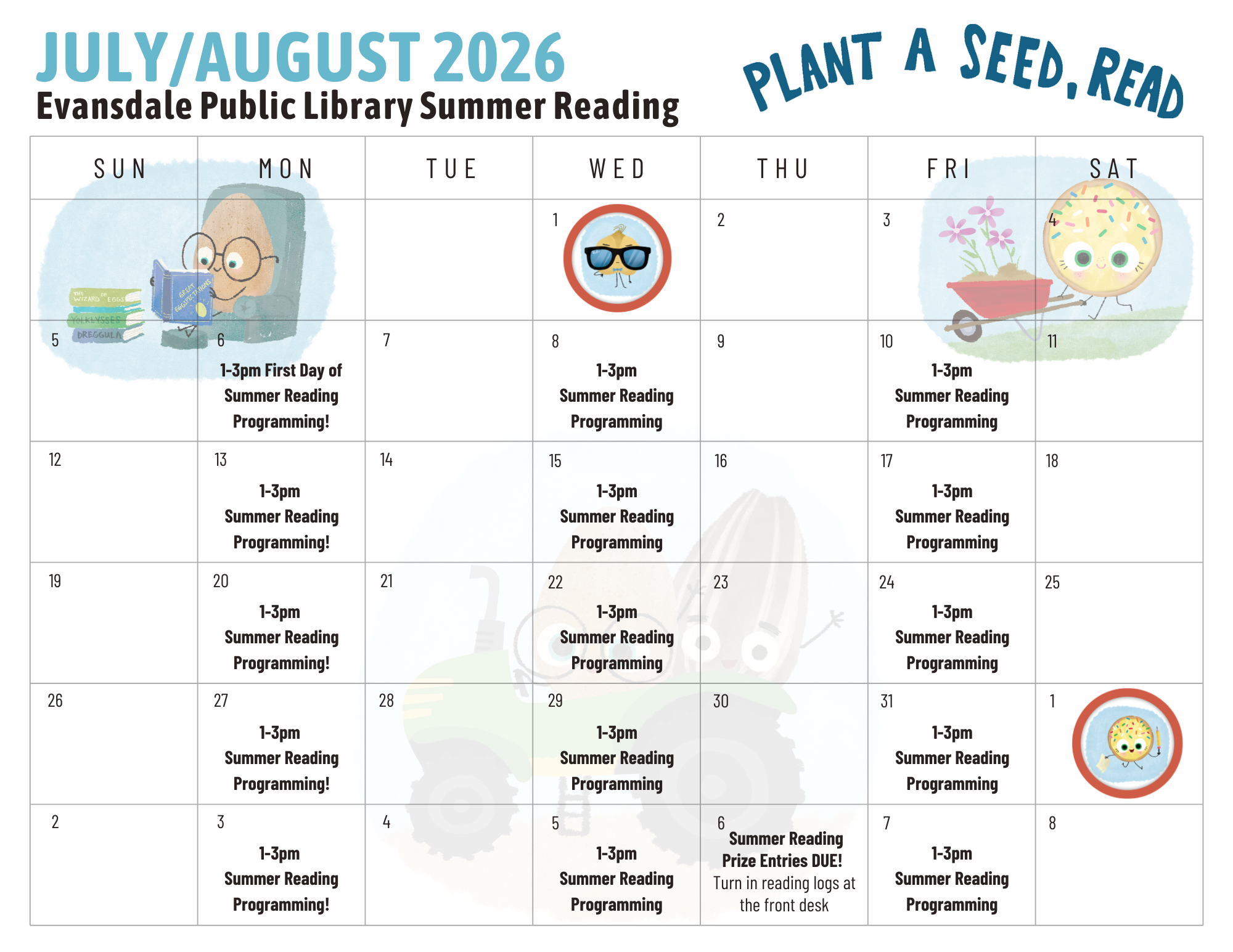Calendar for July & August 2026 with the Summer Reading Program schedule on it for easy reference. The programming dates/times are listed above.