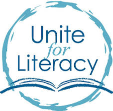 'Unite for Literacy' logo. Open book with circle surrounding text.