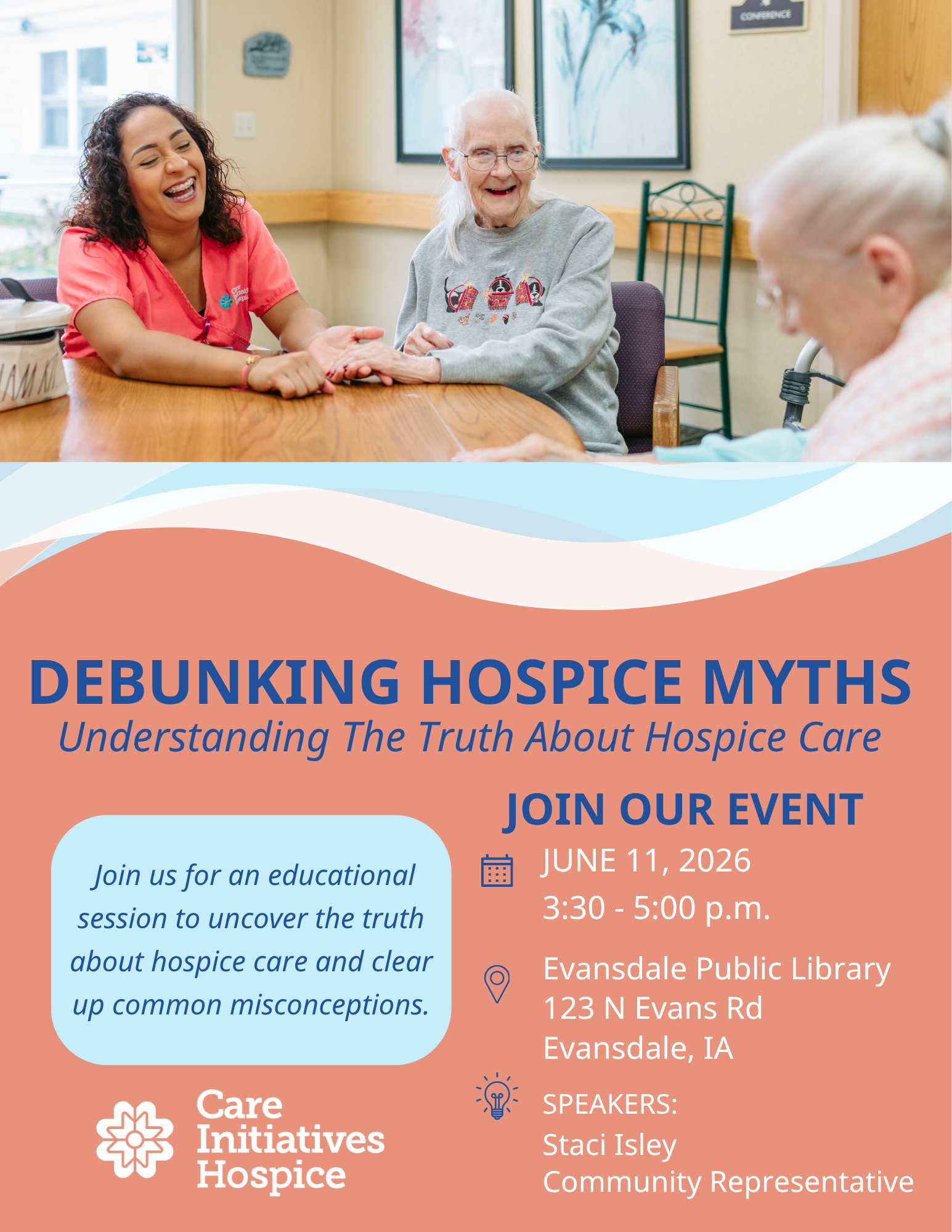 An elderly person shares a laugh with a middle-aged individual. Text on the bottom reads: 'Debunking Hospice Myths: Understanding The Truth About Hospice Care'.
